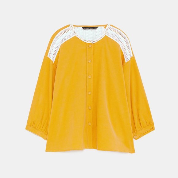ZARA BASICS Winter Mustard Gold Cotton Corduroy Crochet Button Shirt Blouse Top - Picture 6 of 16